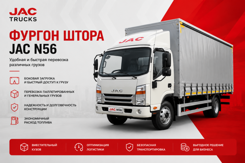 Фургон штора JAC N56 для перевозки паллетных и генеральных грузов в Казахстане