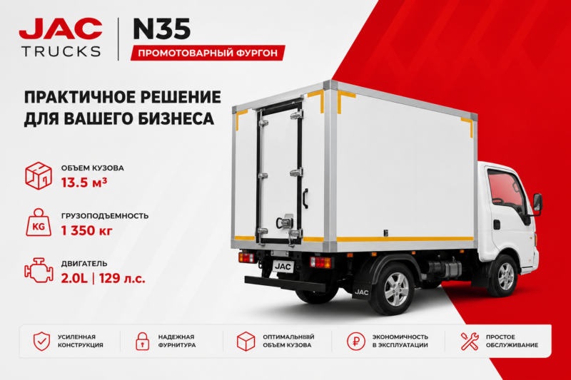 Промтоварный фургон JAC N35 с дизельным двигателем 2.0 л и грузовым кузовом